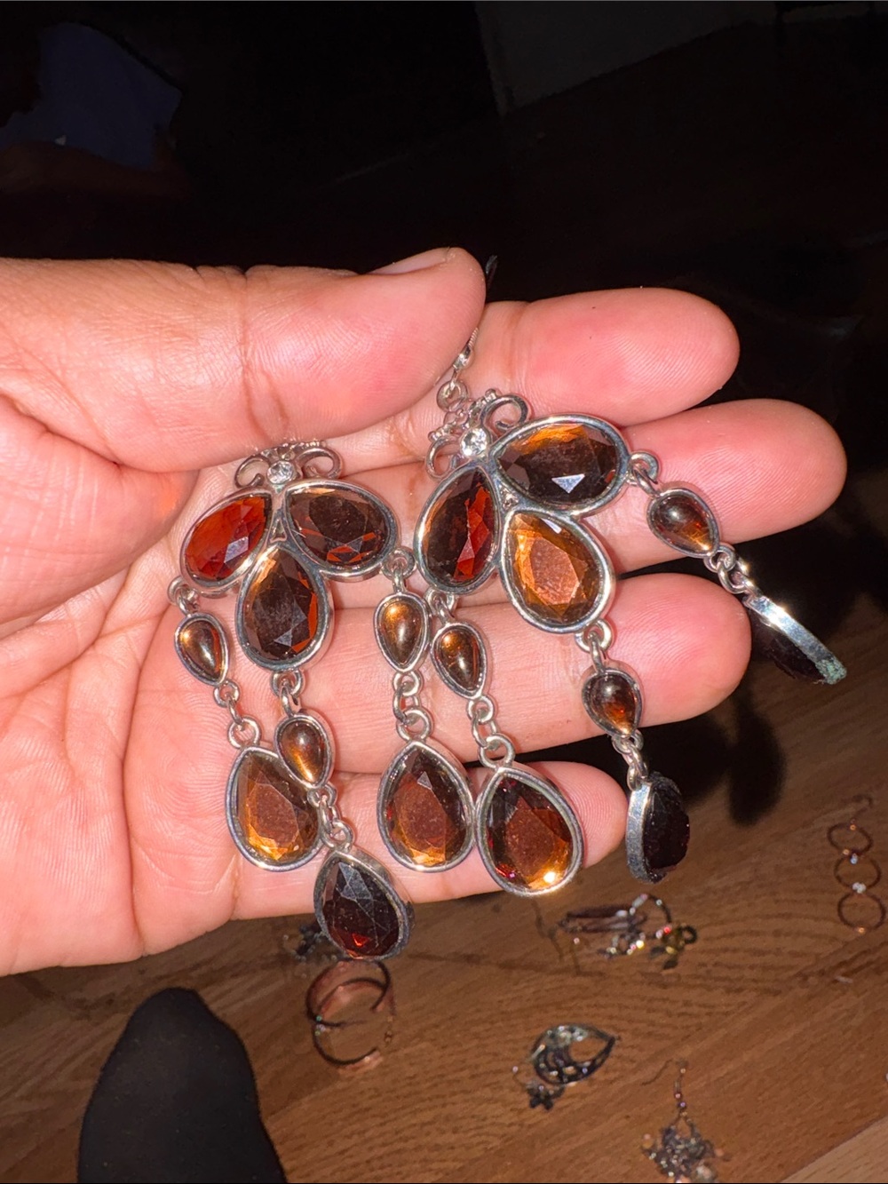 Silver Dangle Earrings with Amber Teardrop Stones - Brown